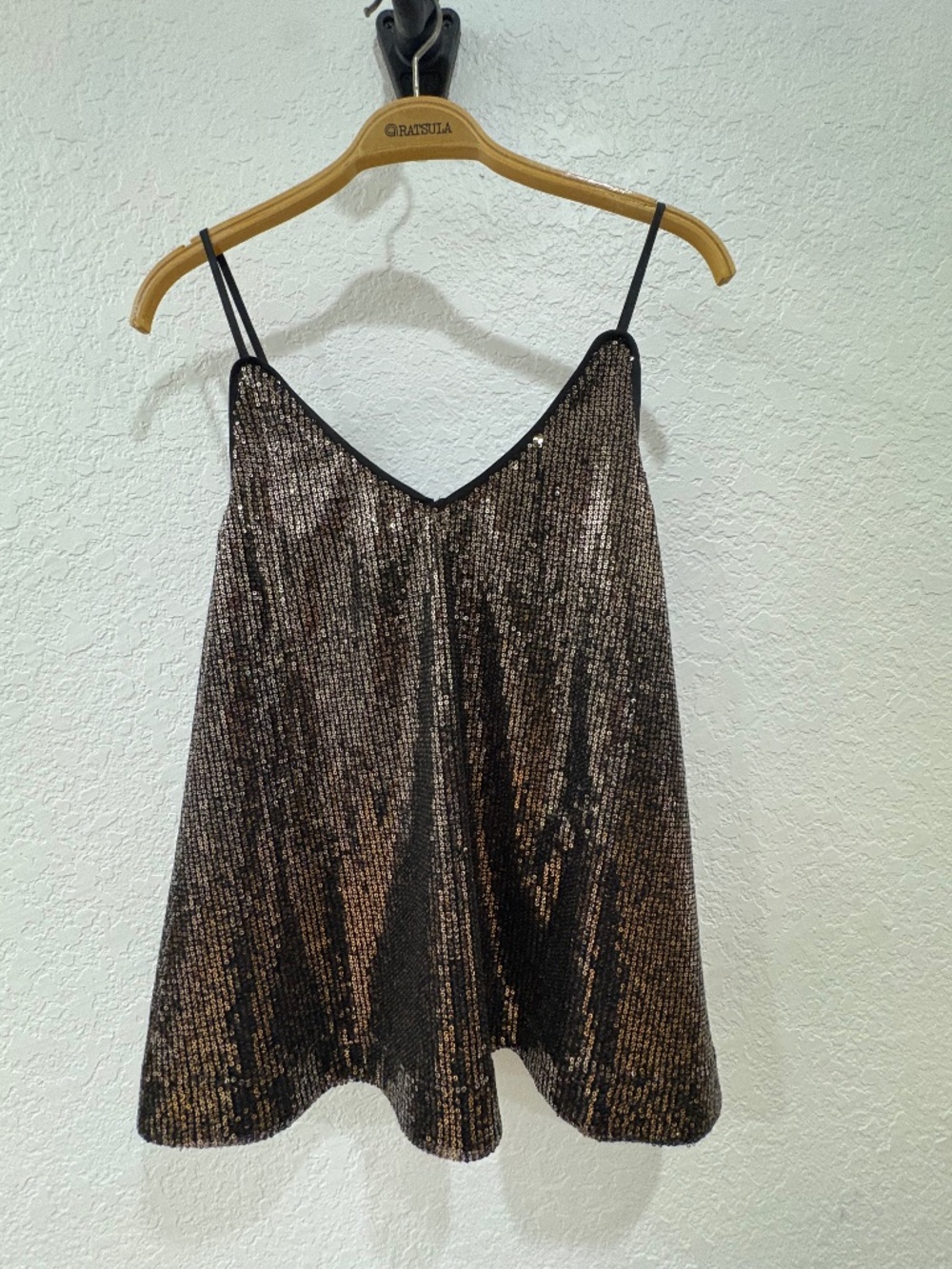 Sequin Camisole Top • Gold/Black • Party Holiday Top • Adjustable Straps • NWT